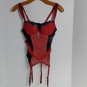 Adore Me Corina Red and Black Push Up Bustier Lace Detail Mesh Size 34B NWT